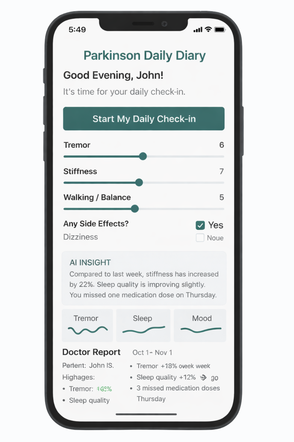Parkinson’s Daily Diary app daily check-in screen
