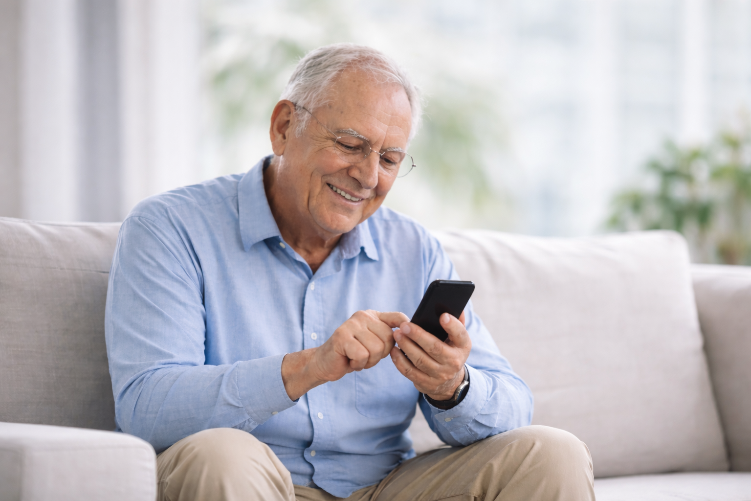 Person using a phone calmly at home