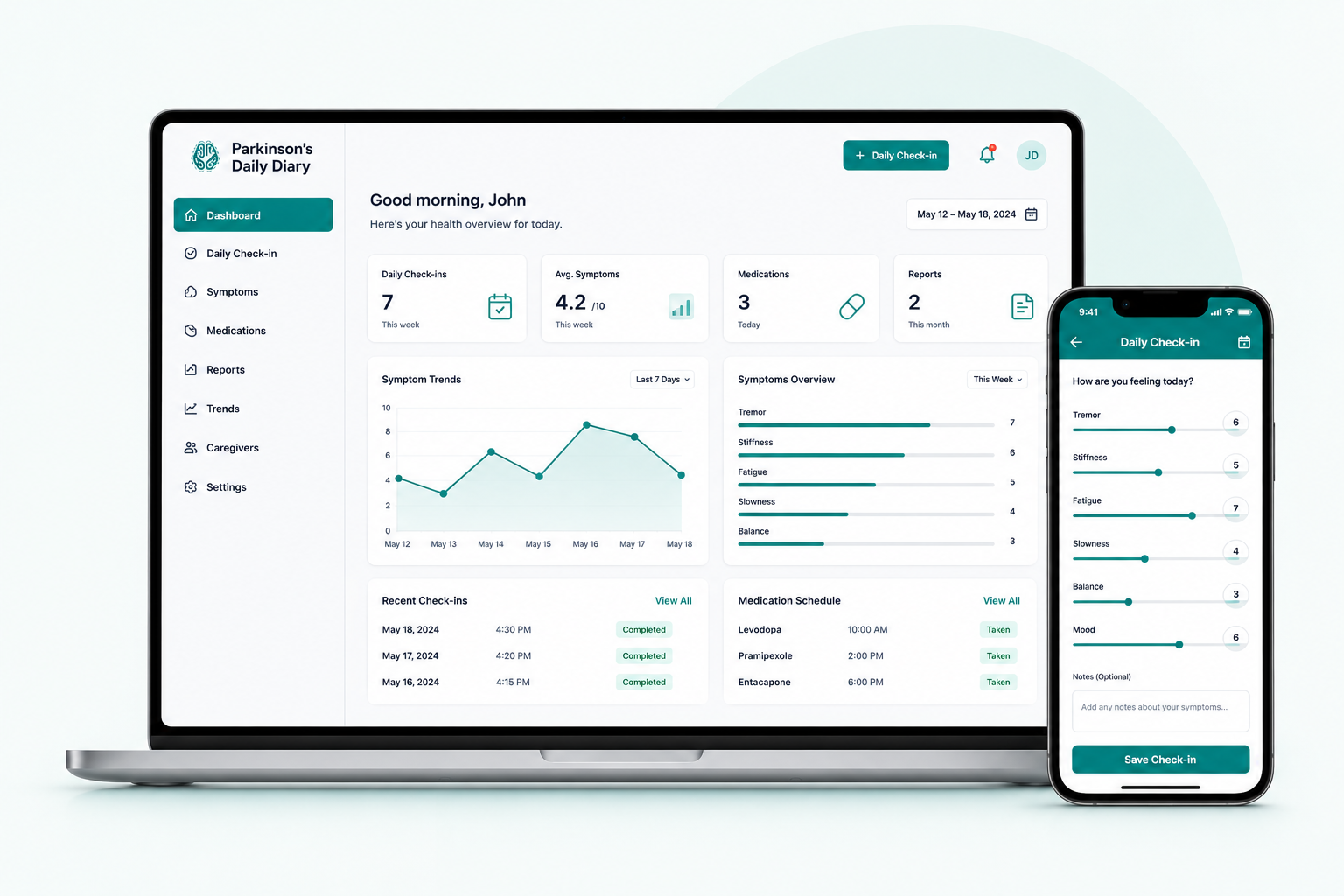 Parkinson’s Daily Diary dashboard on laptop and mobile